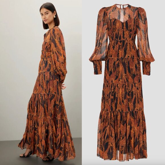 FARM Rio Giraffes Puff Sleeve Maxi Dress Black Brown Orange Chiffon Long Sleeve - Picture 3 of 3